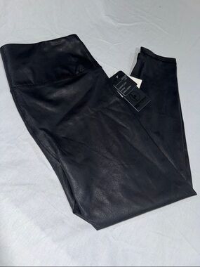 90 Degree By Reflex Black Leather Look Hi Rise Leggings Ankle Length